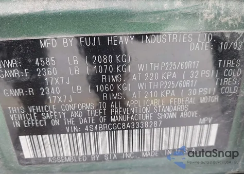 2010 Subaru Outback 2.5I Premium from USA, damaged, VIN 4S4BRCGC8A3338287